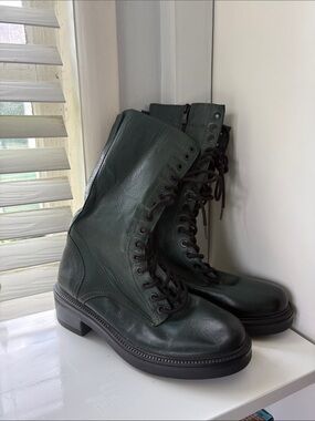 Dark Green Leather Combat Boots